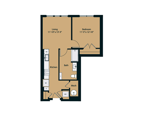 Floor plan for 1 bed, 1 bath, 694 sqft